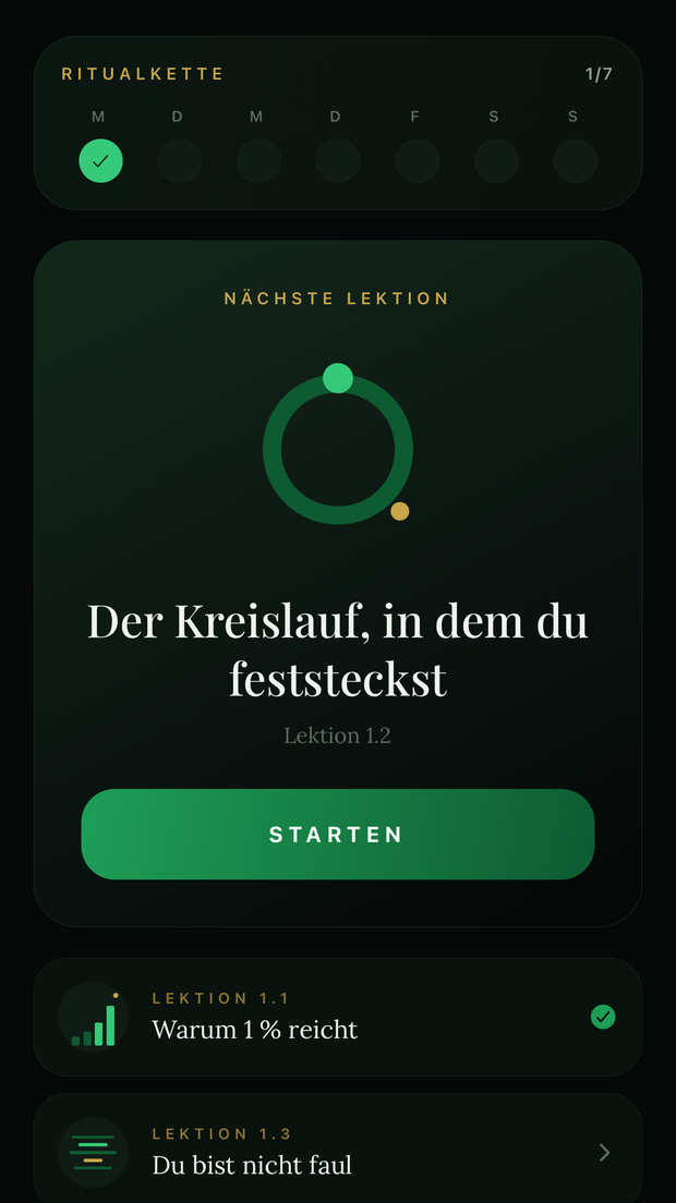 Startbildschirm mit Ritualkette und nächster Lektion